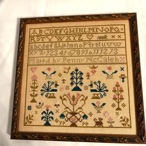 Framed Cross Stitch Sampler with Floral and Alphabet Design